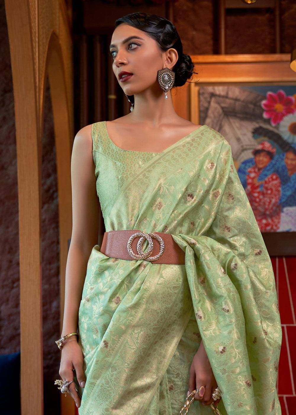 Sage Green Woven Tussar Silk Saree | Stitched Blouse - qivii