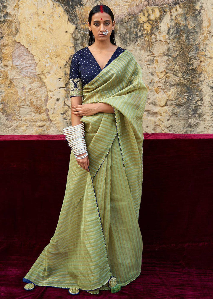 Sage Green Zari Weaving Organza Saree with Embroidered Blouse | Stitched Blouse - qivii