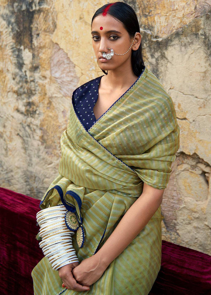 Sage Green Zari Weaving Organza Saree with Embroidered Blouse | Stitched Blouse - qivii