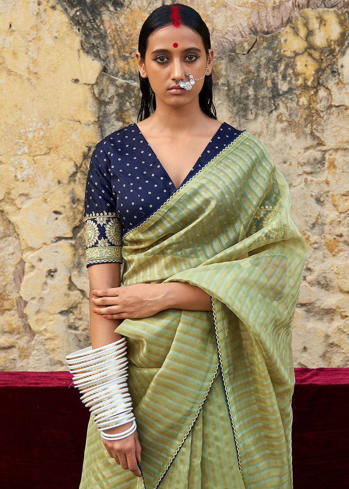 Sage Green Zari Weaving Organza Saree with Embroidered Blouse | Stitched Blouse - qivii