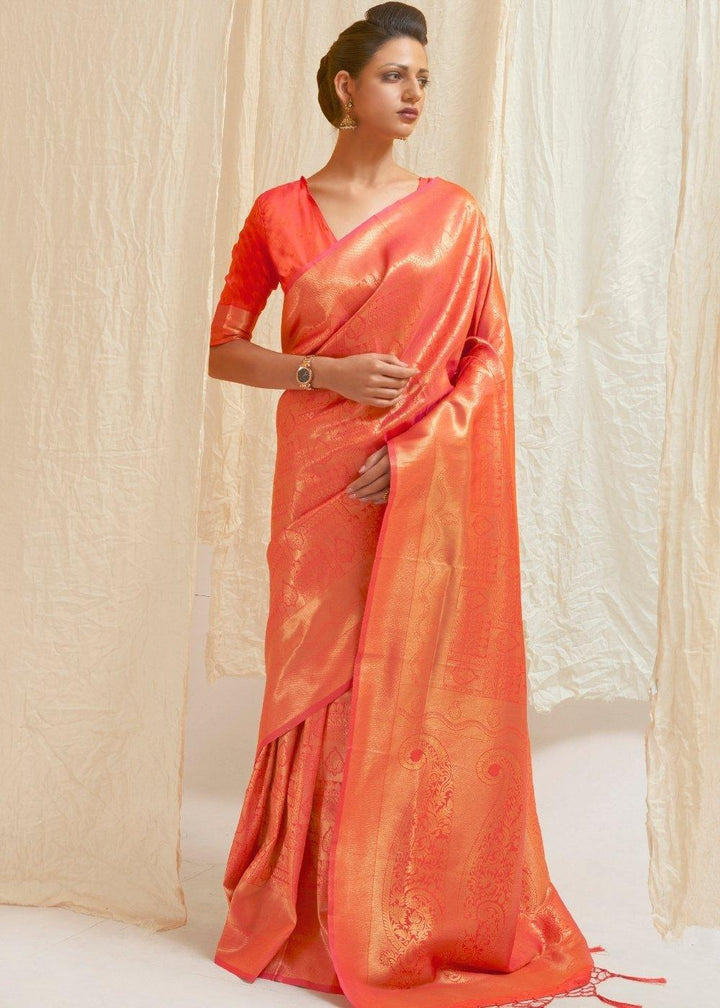 Salmon Orange & Golden Blend Kanjivaram Silk Saree | Stitched Blouse - qivii