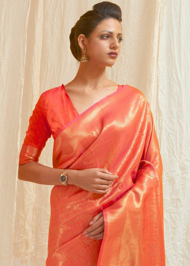 Salmon Orange & Golden Blend Kanjivaram Silk Saree | Stitched Blouse - qivii