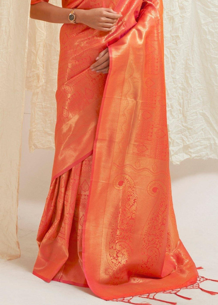 Salmon Orange & Golden Blend Kanjivaram Silk Saree | Stitched Blouse - qivii