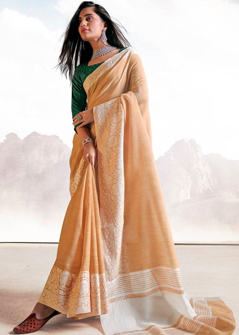 Salmon Orange Soft Linen Silk Saree with Lucknowi work and Sequence Blouse | Stitched Blouse - qivii