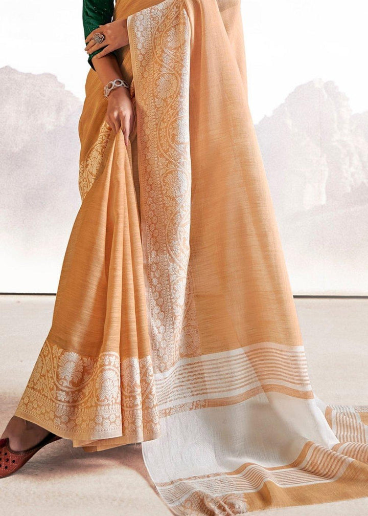 Salmon Orange Soft Linen Silk Saree with Lucknowi work and Sequence Blouse | Stitched Blouse - qivii