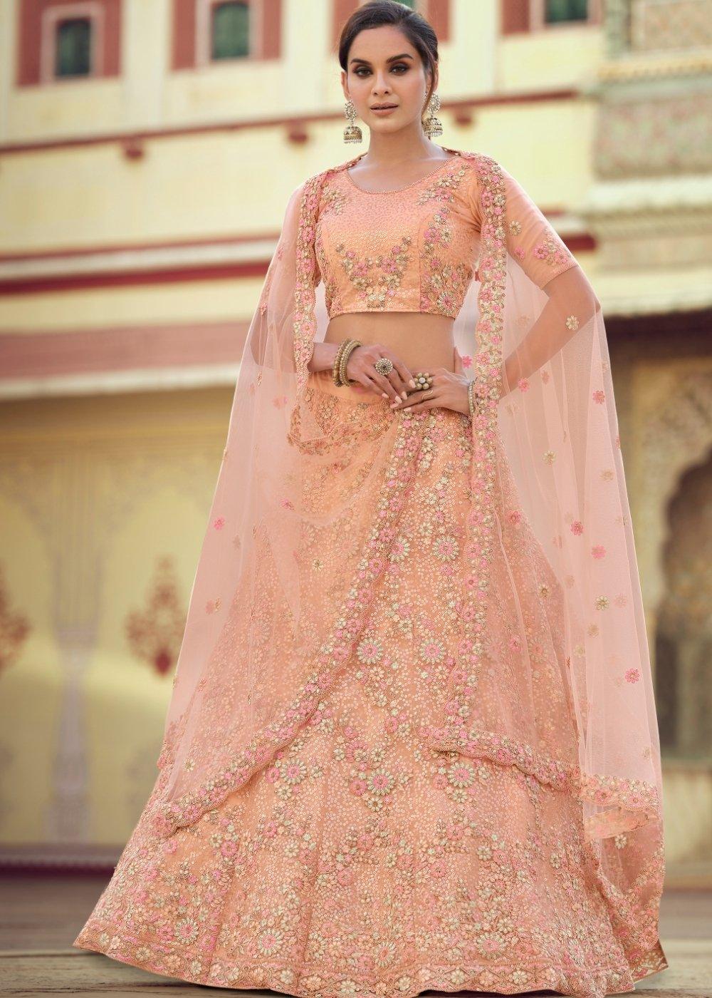 Salmon Orange Soft Net Lehenga Choli with Sequins, Thread, Zari & Dori work - qivii