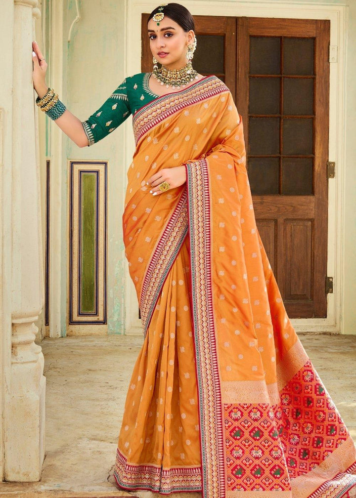 Salmon Orange Woven Banarasi Silk Saree with Embroidered Blouse | Stitched Blouse - qivii