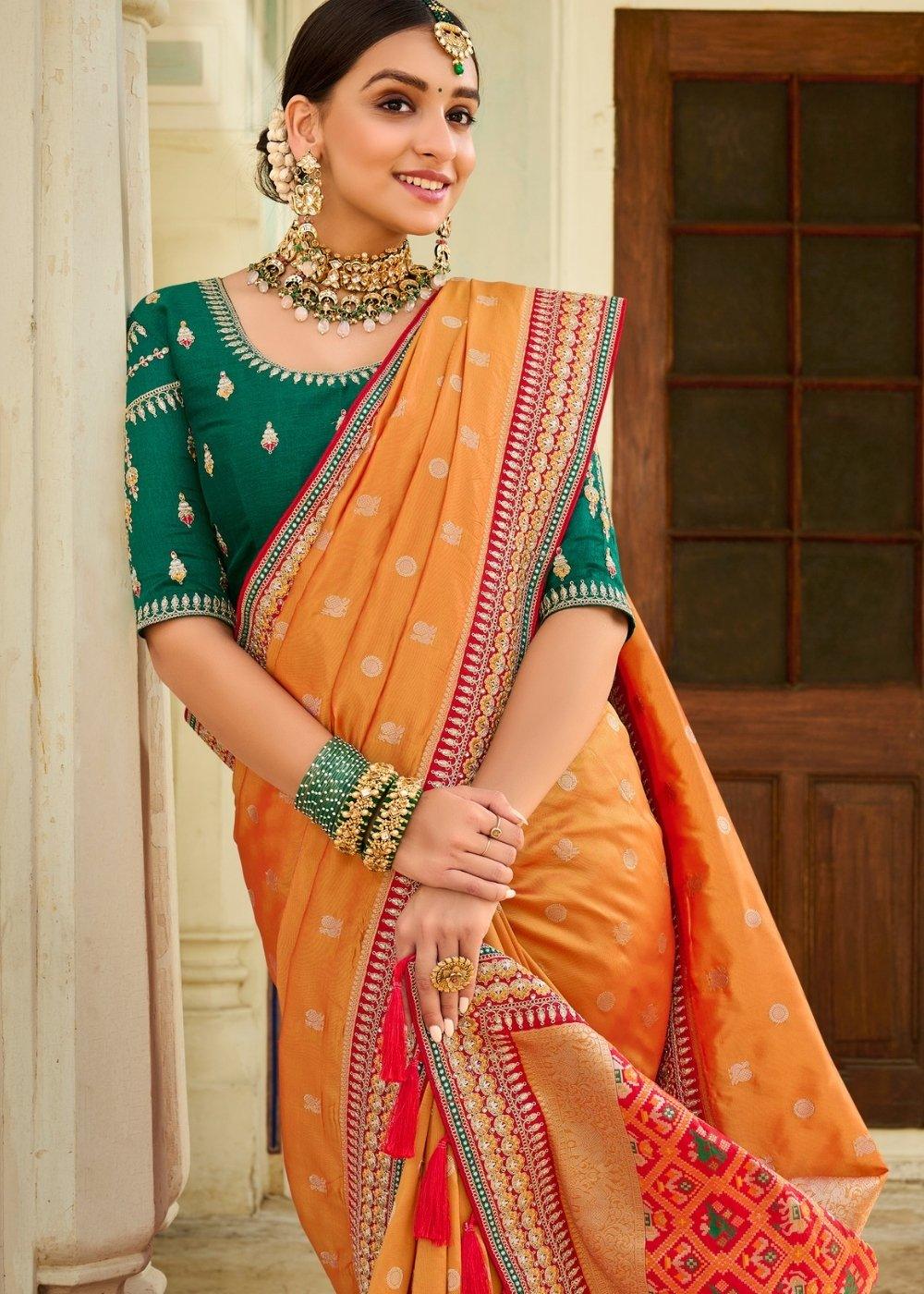 Salmon Orange Woven Banarasi Silk Saree with Embroidered Blouse | Stitched Blouse - qivii