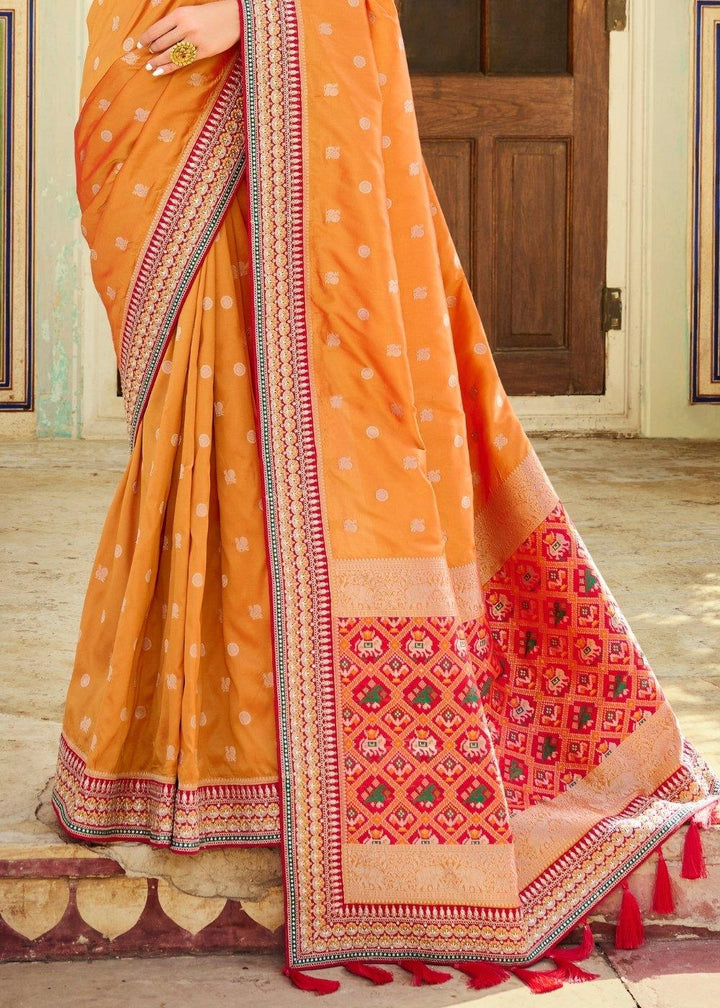 Salmon Orange Woven Banarasi Silk Saree with Embroidered Blouse | Stitched Blouse - qivii