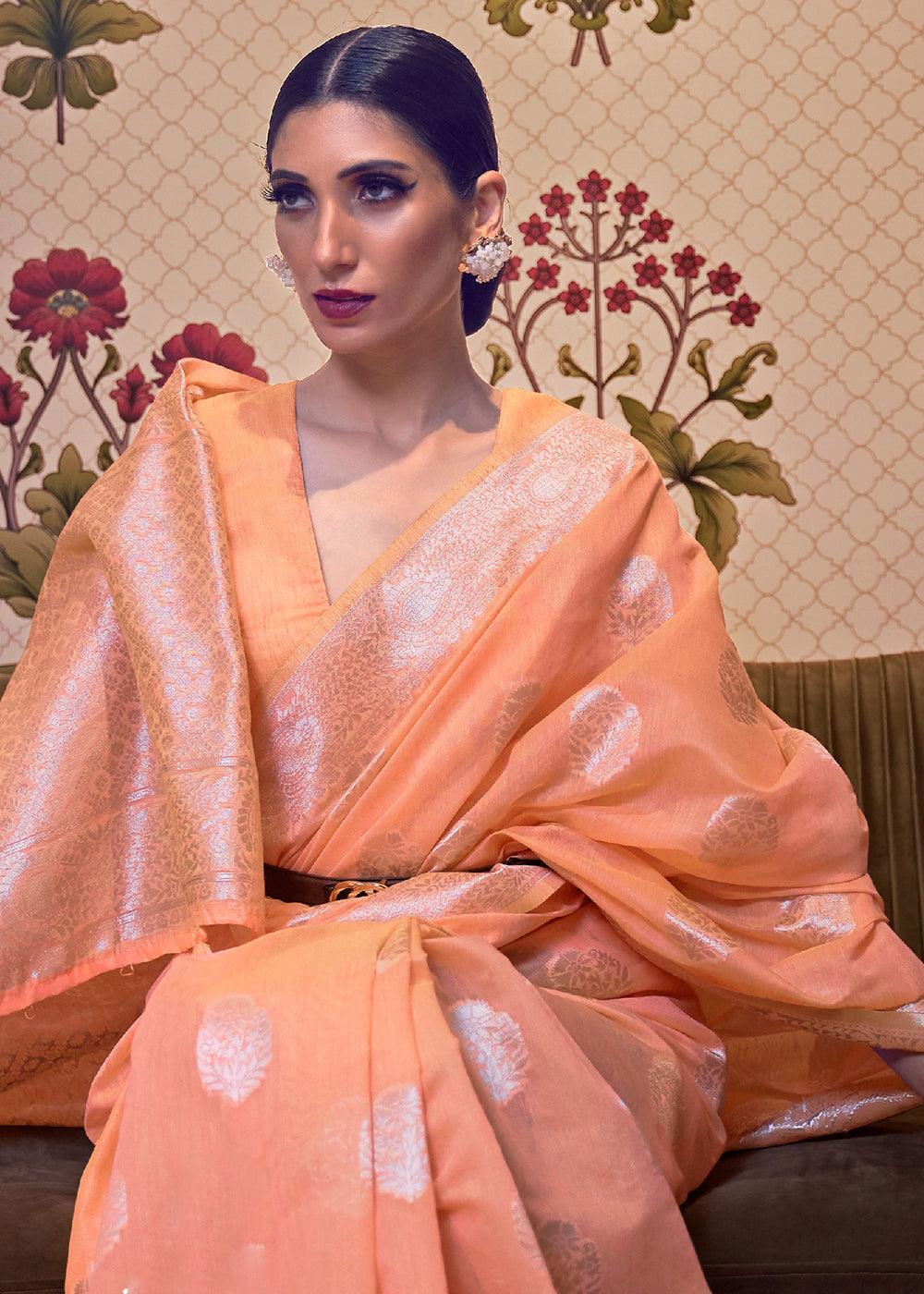 Salmon Orange Woven Linen Silk Saree | Stitched Blouse - qivii