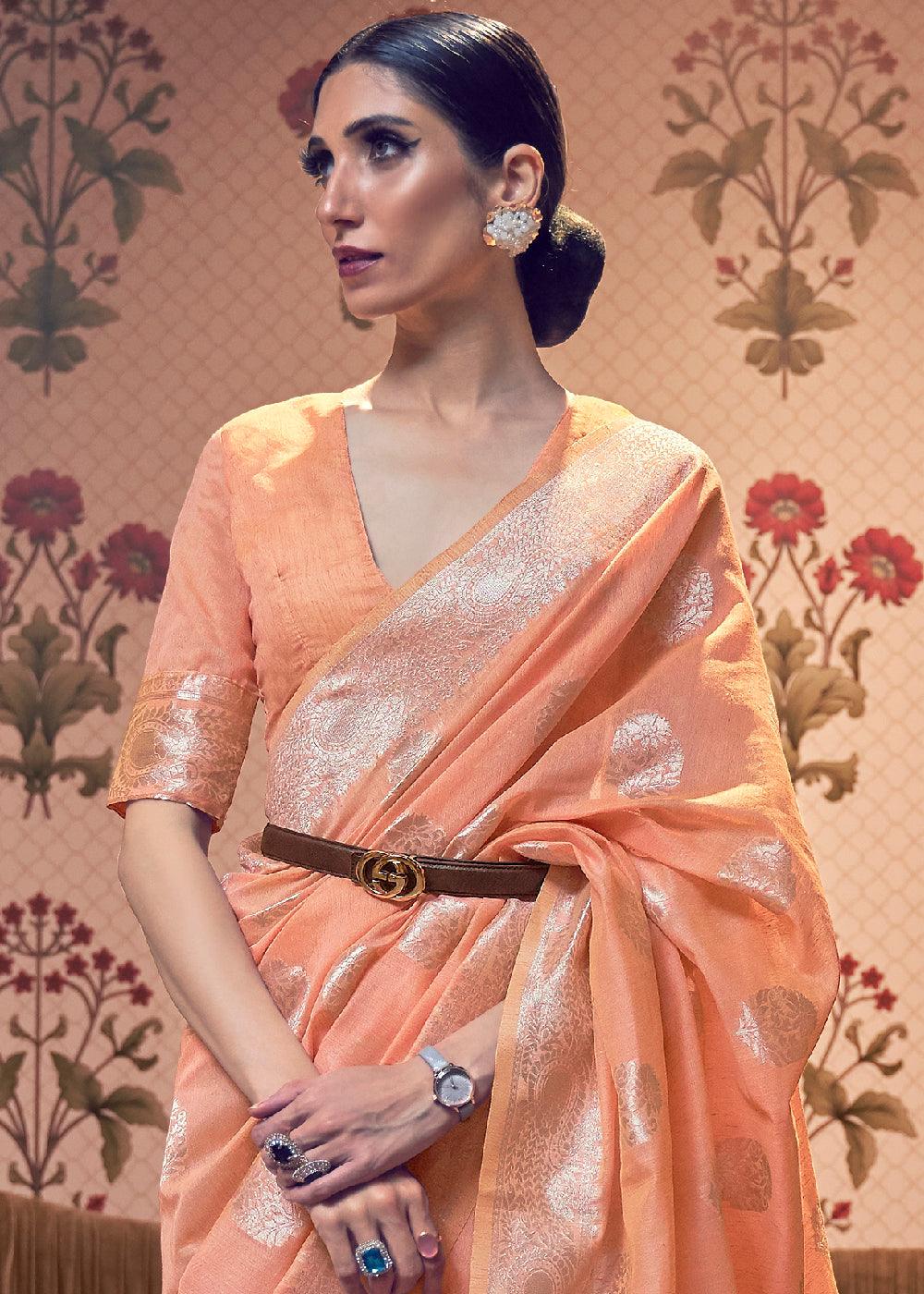 Salmon Orange Woven Linen Silk Saree | Stitched Blouse - qivii