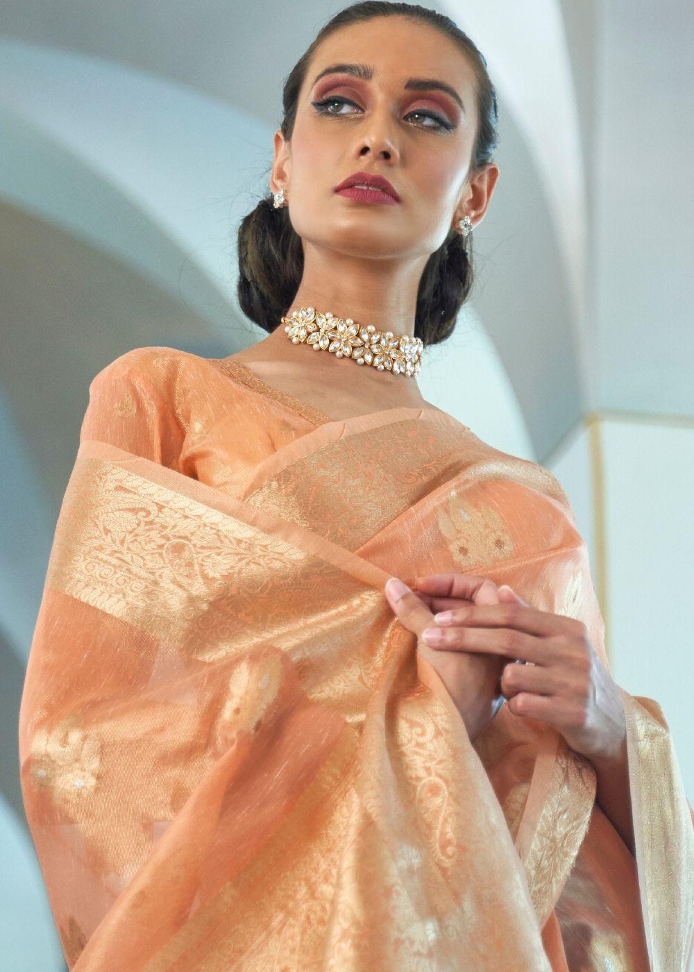 Salmon Orange Zari Woven Organza Silk Saree | Stitched Blouse - qivii