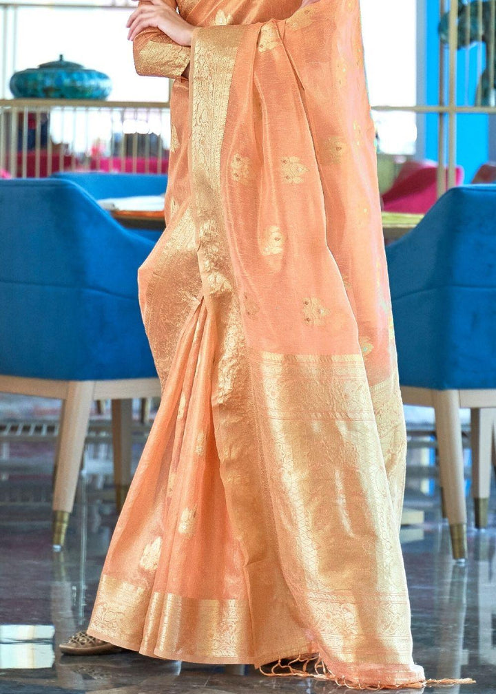 Salmon Orange Zari Woven Organza Silk Saree | Stitched Blouse - qivii