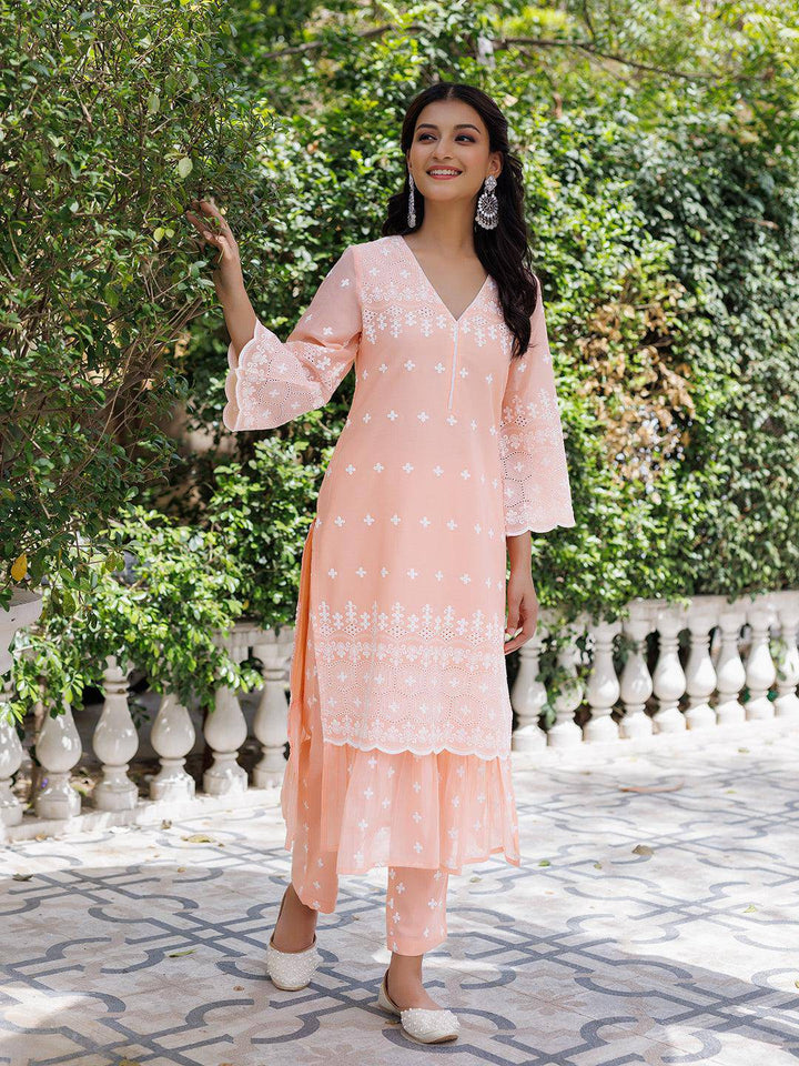 Salmon Peach Cotton Schiffli Straight Kurta Set - qivii