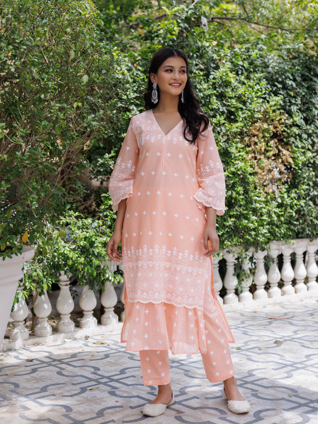 Salmon Peach Cotton Schiffli Straight Kurta Set - qivii