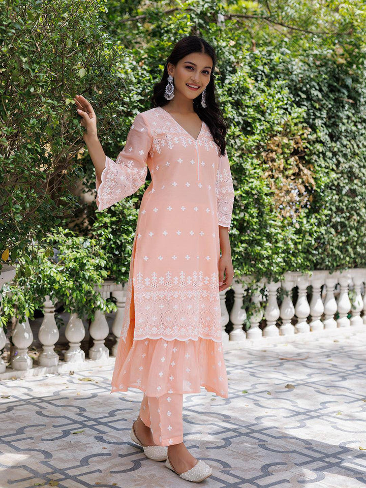 Salmon Peach Cotton Schiffli Straight Kurta Set - qivii