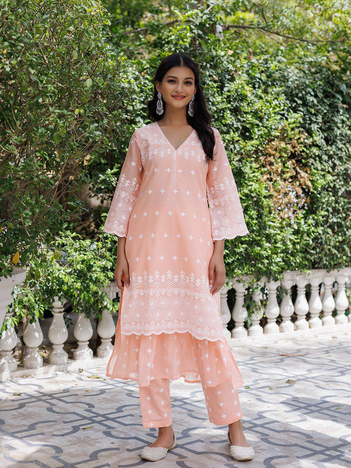 Salmon Peach Cotton Schiffli Straight Kurta Set - qivii