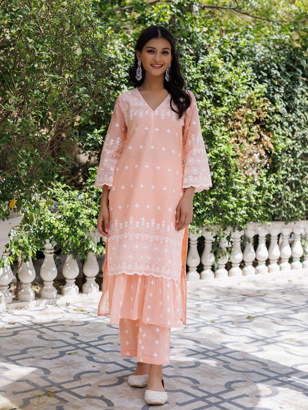 Salmon Peach Cotton Schiffli Straight Kurta Set - qivii