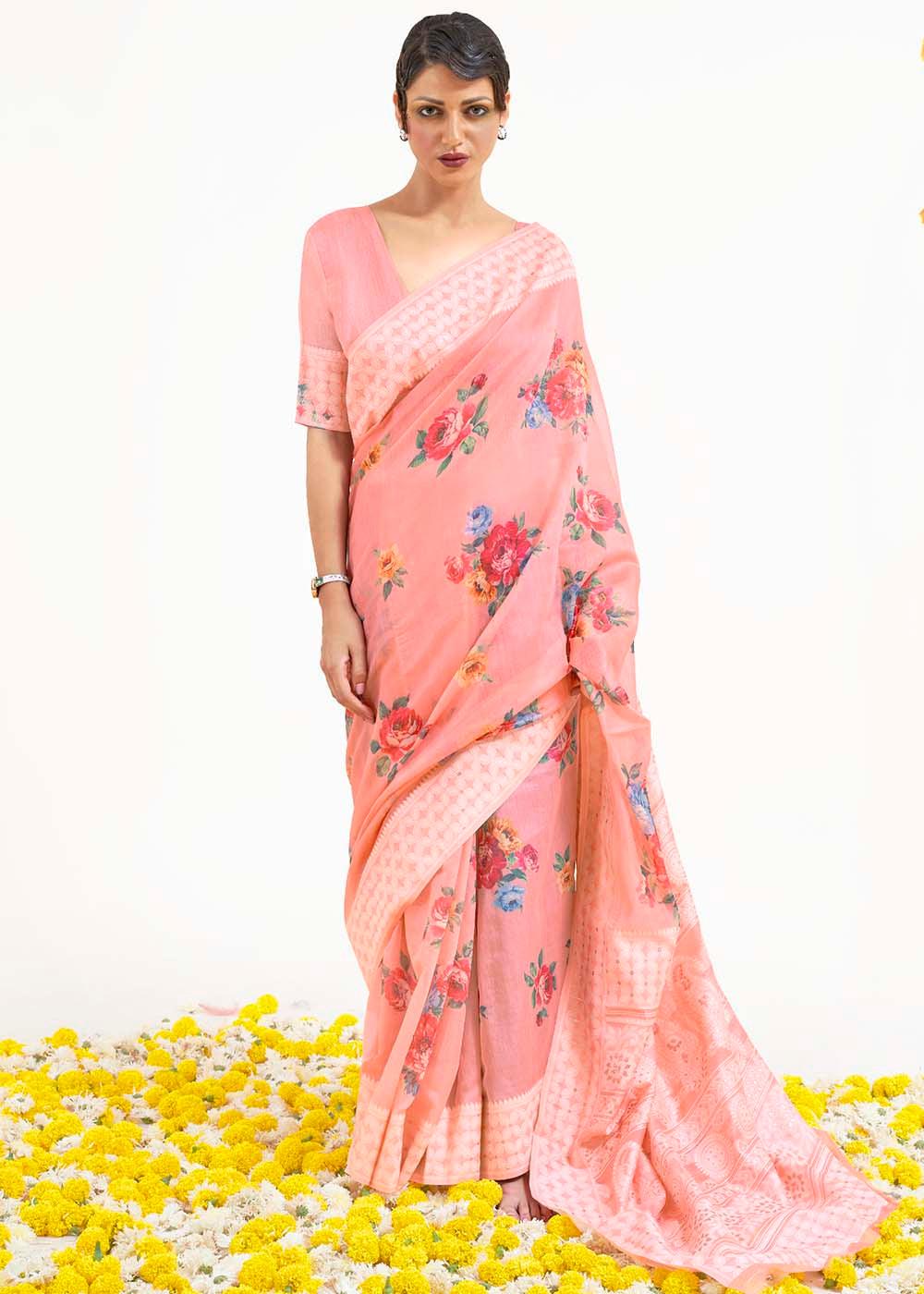 Salmon Pink Chikankari Silk Saree with Floral Digital Print | Stitched Blouse - qivii