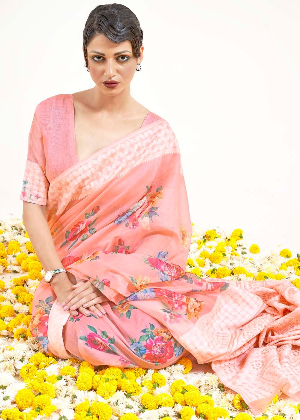 Salmon Pink Chikankari Silk Saree with Floral Digital Print | Stitched Blouse - qivii