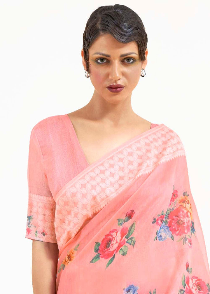 Salmon Pink Chikankari Silk Saree with Floral Digital Print | Stitched Blouse - qivii