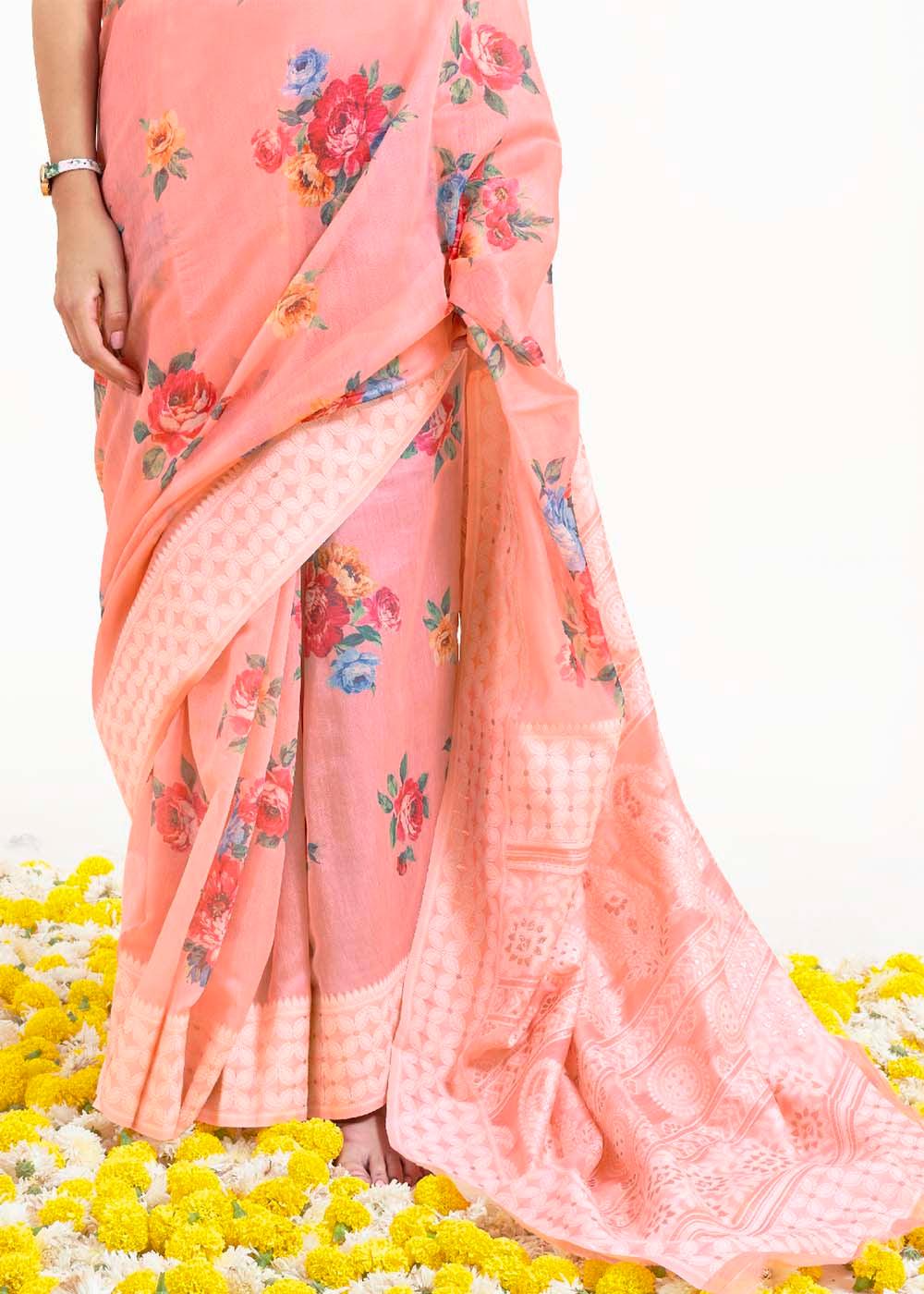 Salmon Pink Chikankari Silk Saree with Floral Digital Print | Stitched Blouse - qivii