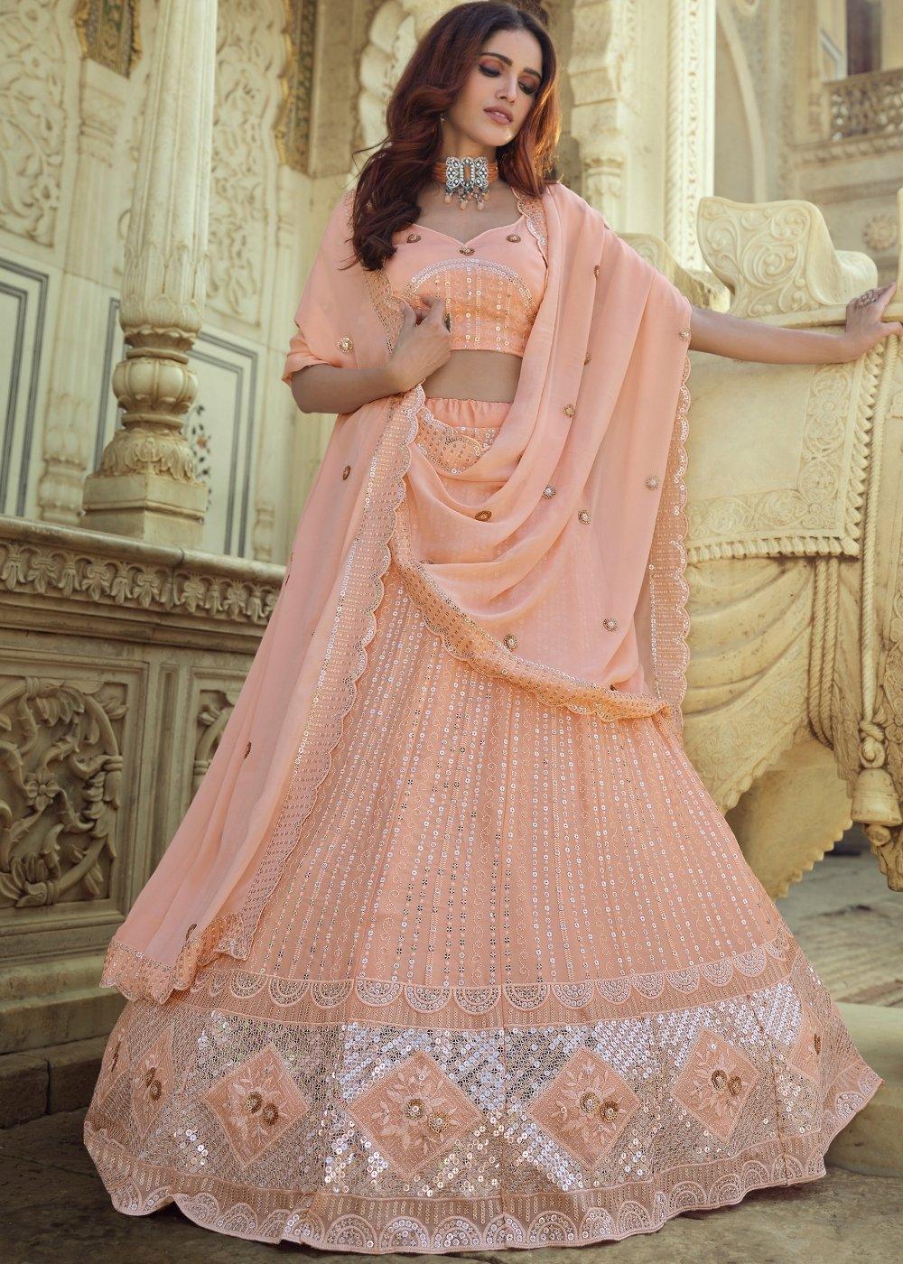 Salmon Pink Georgette Lehenga Choli with Sequins & Thread work - qivii