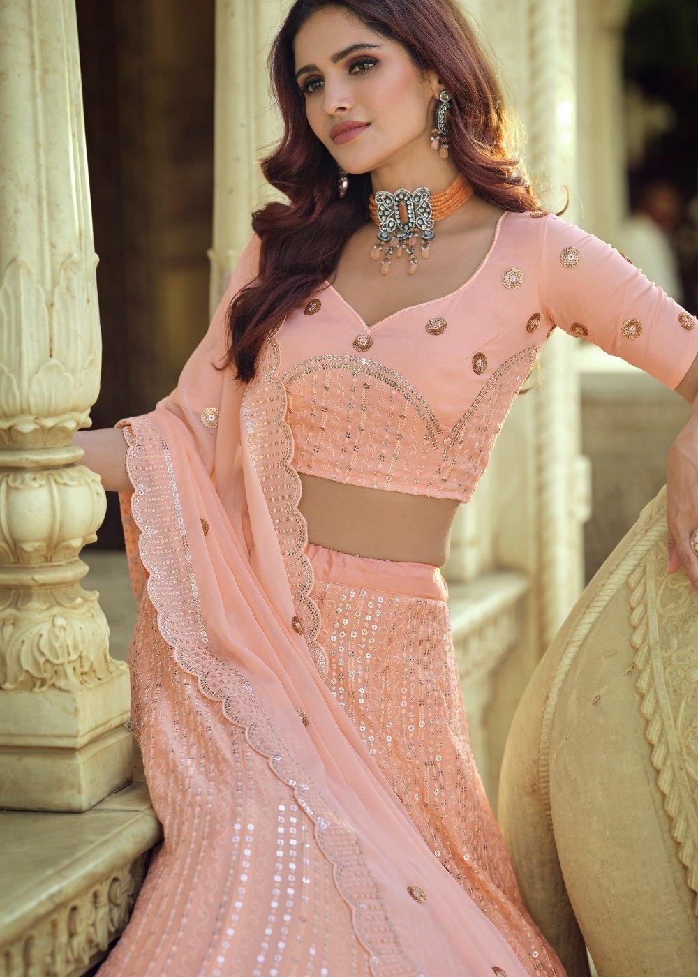 Salmon Pink Georgette Lehenga Choli with Sequins & Thread work - qivii