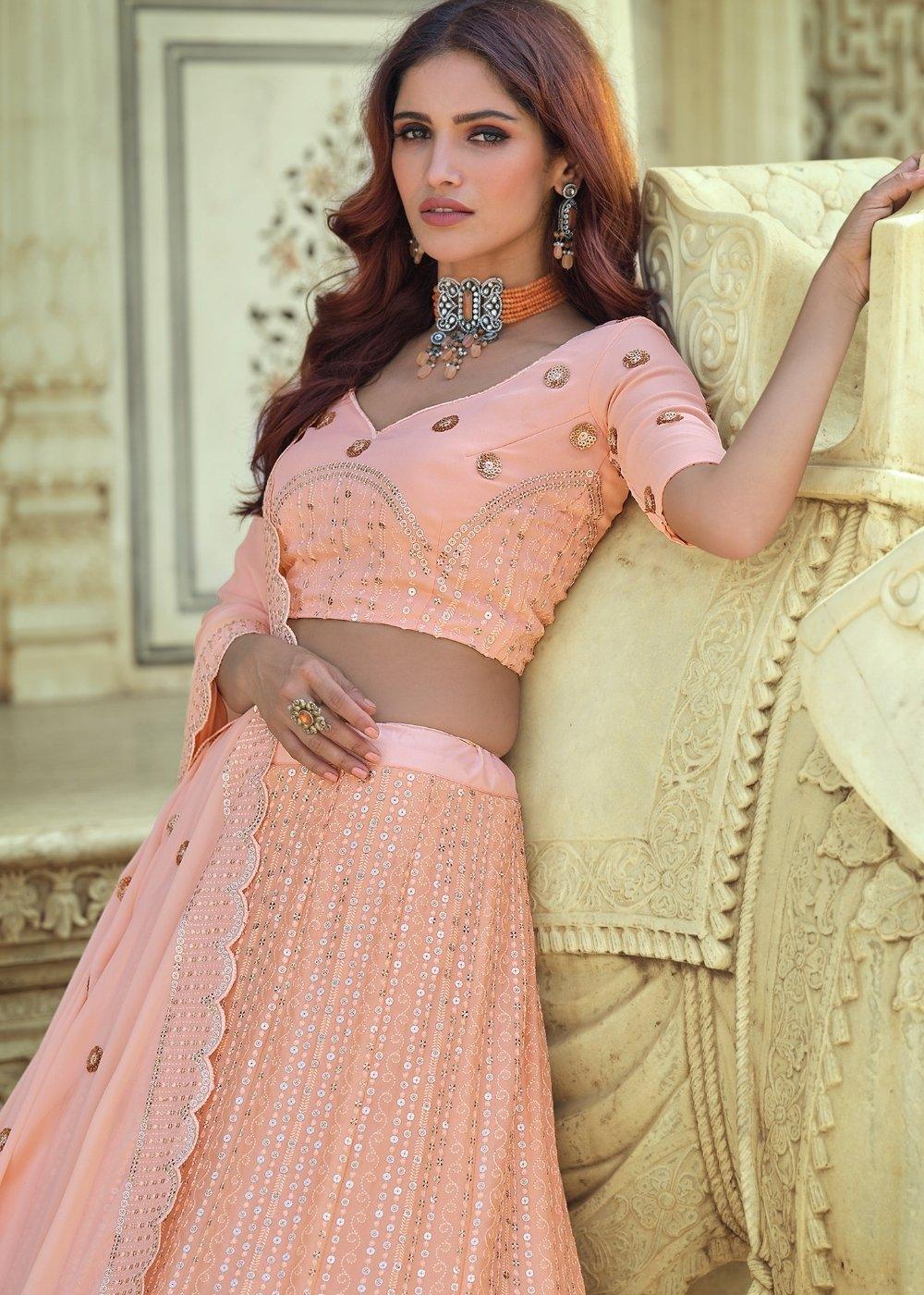 Salmon Pink Georgette Lehenga Choli with Sequins & Thread work - qivii