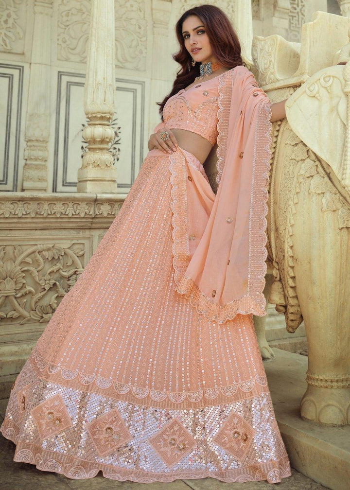 Salmon Pink Georgette Lehenga Choli with Sequins & Thread work - qivii