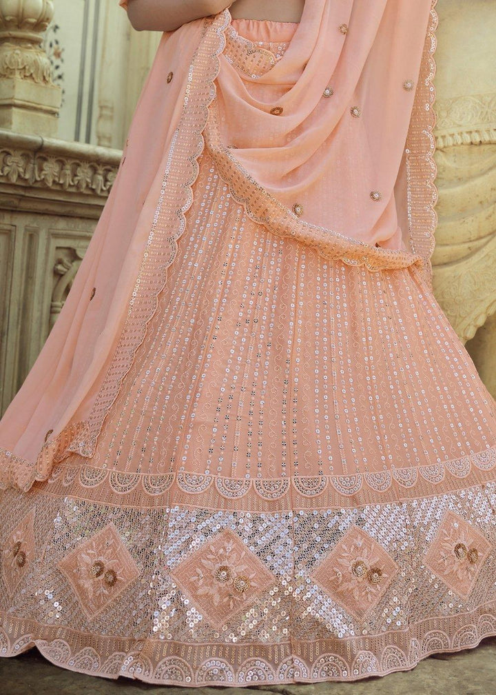 Salmon Pink Georgette Lehenga Choli with Sequins & Thread work - qivii