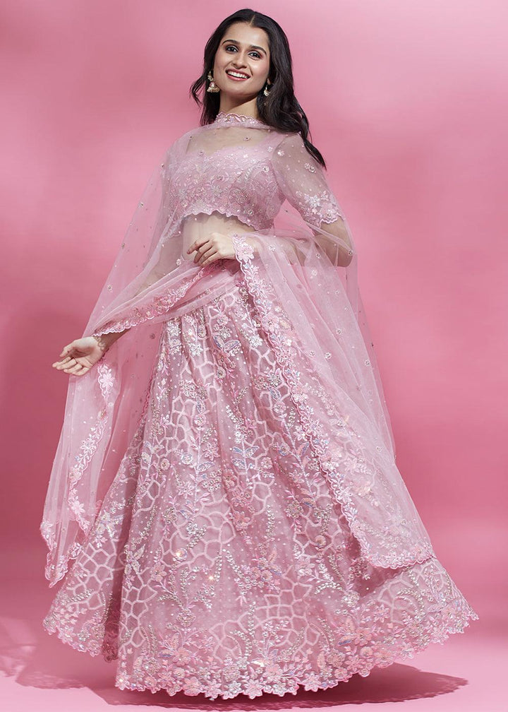 Salmon Pink Net Lehenga Choli with Sequins, Thread, Coding & Zarkan work - qivii