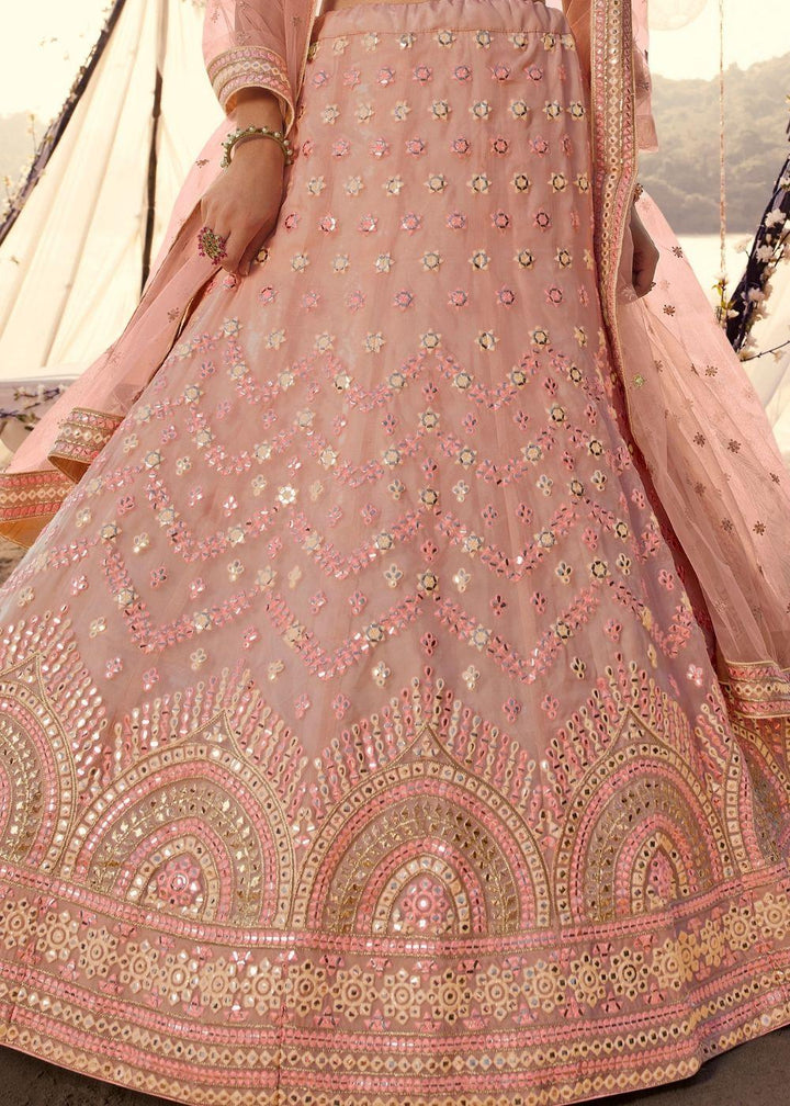 Salmon Pink Organza Lehenga Choli with Thread, Foli and Mirror work (Pre-Order) - qivii