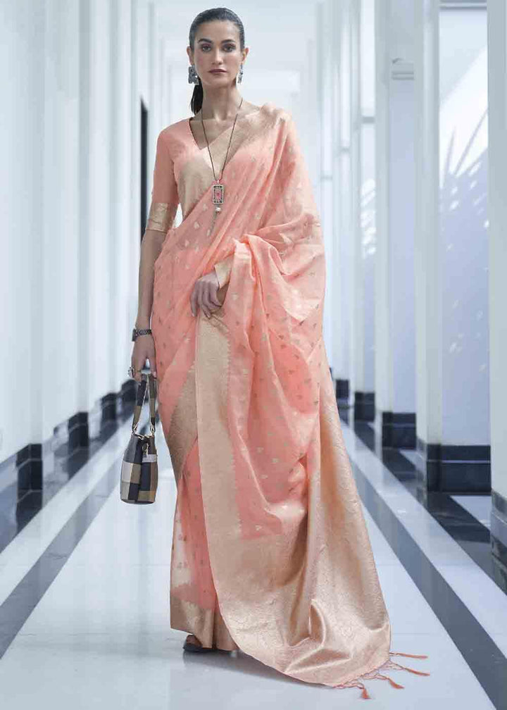 Salmon Pink Woven Designer Silk Saree | Stitched Blouse - qivii