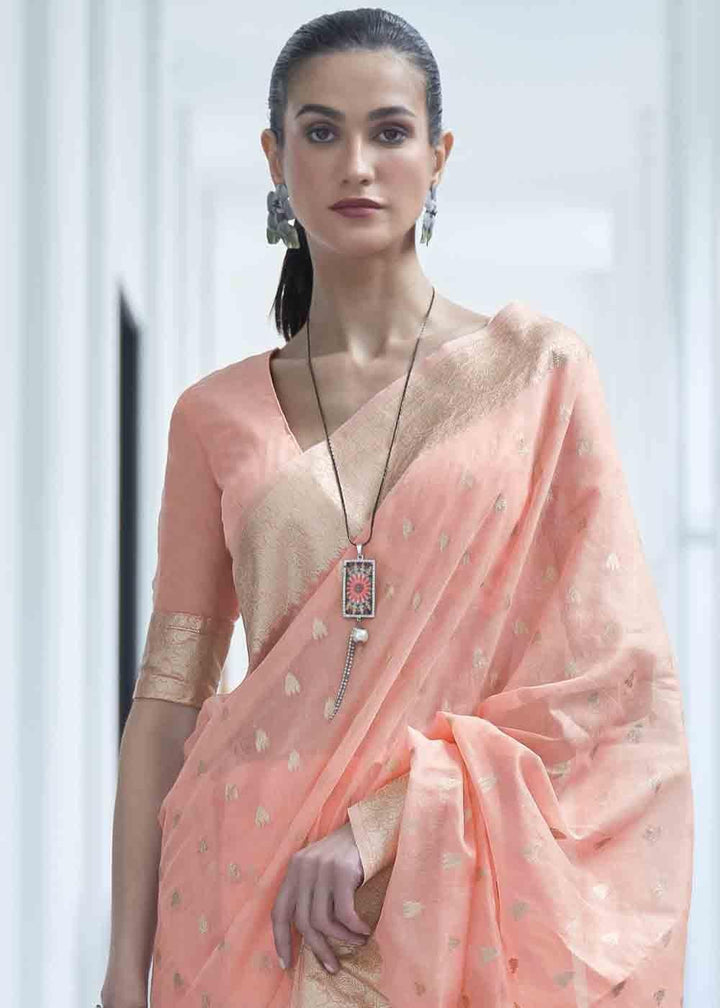 Salmon Pink Woven Designer Silk Saree | Stitched Blouse - qivii