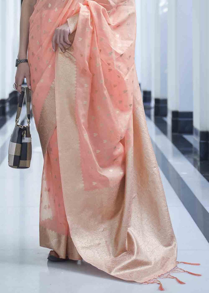 Salmon Pink Woven Designer Silk Saree | Stitched Blouse - qivii