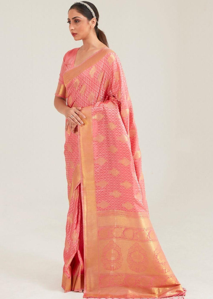 Salmon Pink Zari Butta Woven Banasari Silk Saree | Stitched Blouse - qivii