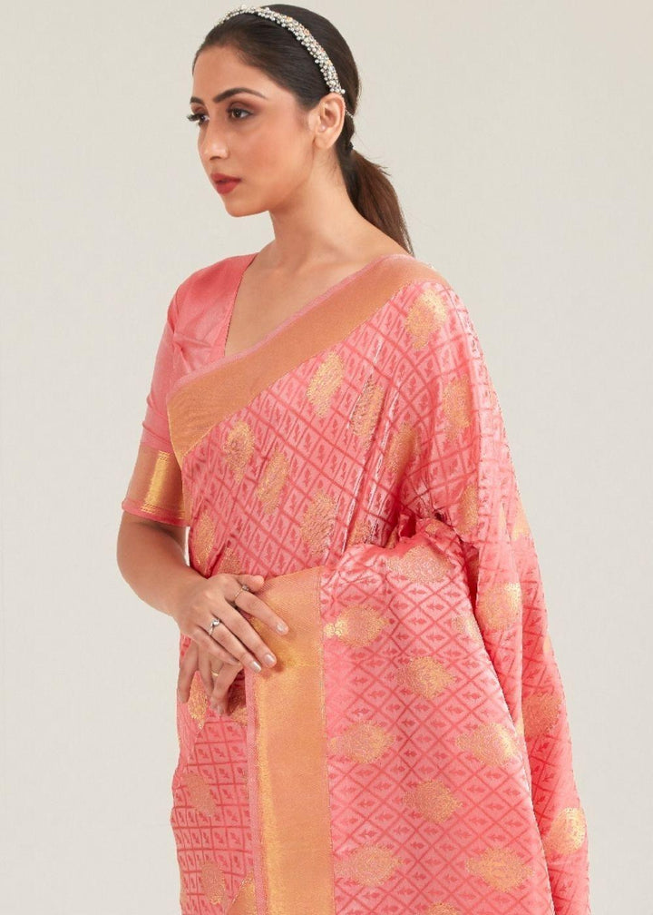 Salmon Pink Zari Butta Woven Banasari Silk Saree | Stitched Blouse - qivii