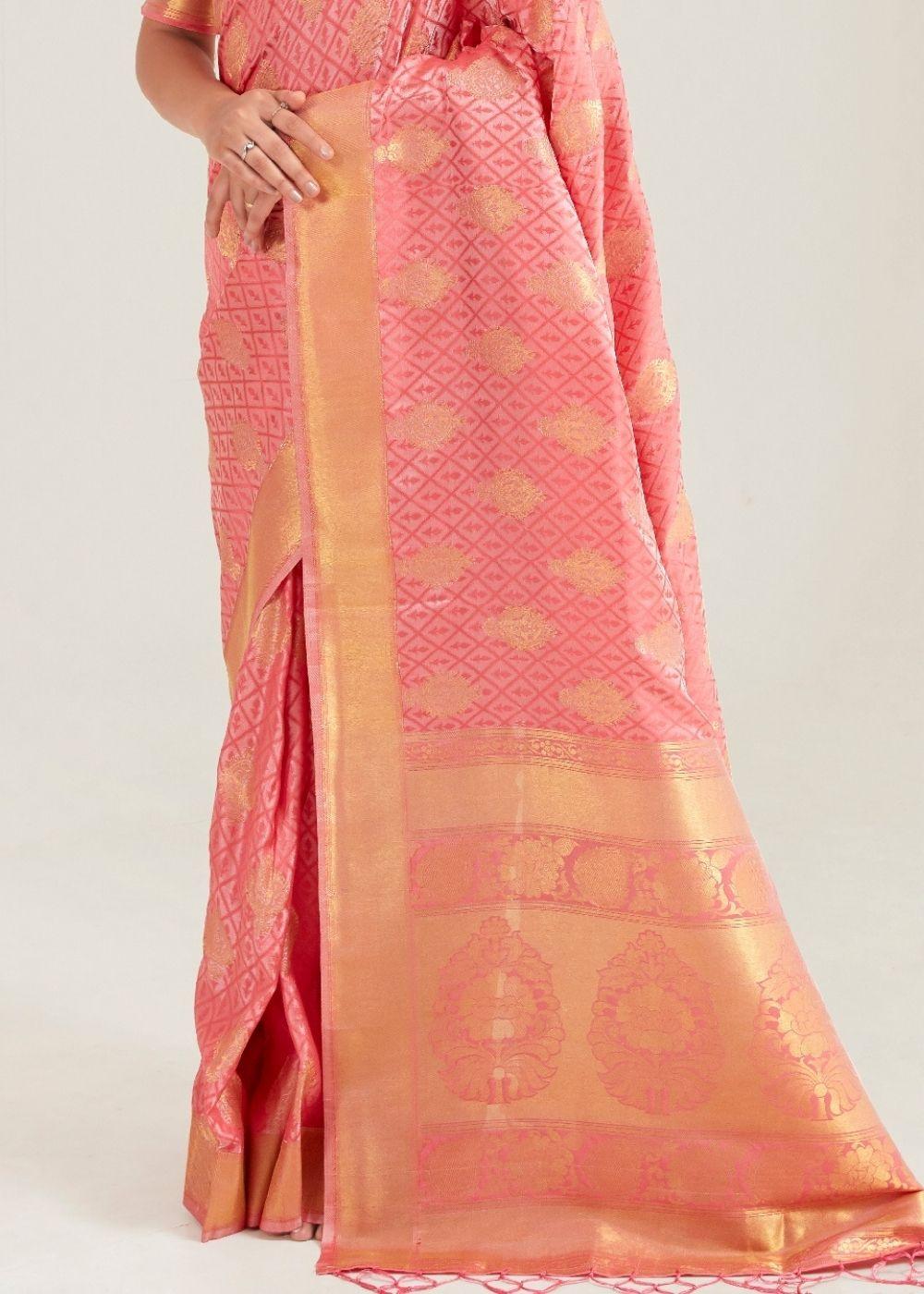 Salmon Pink Zari Butta Woven Banasari Silk Saree | Stitched Blouse - qivii