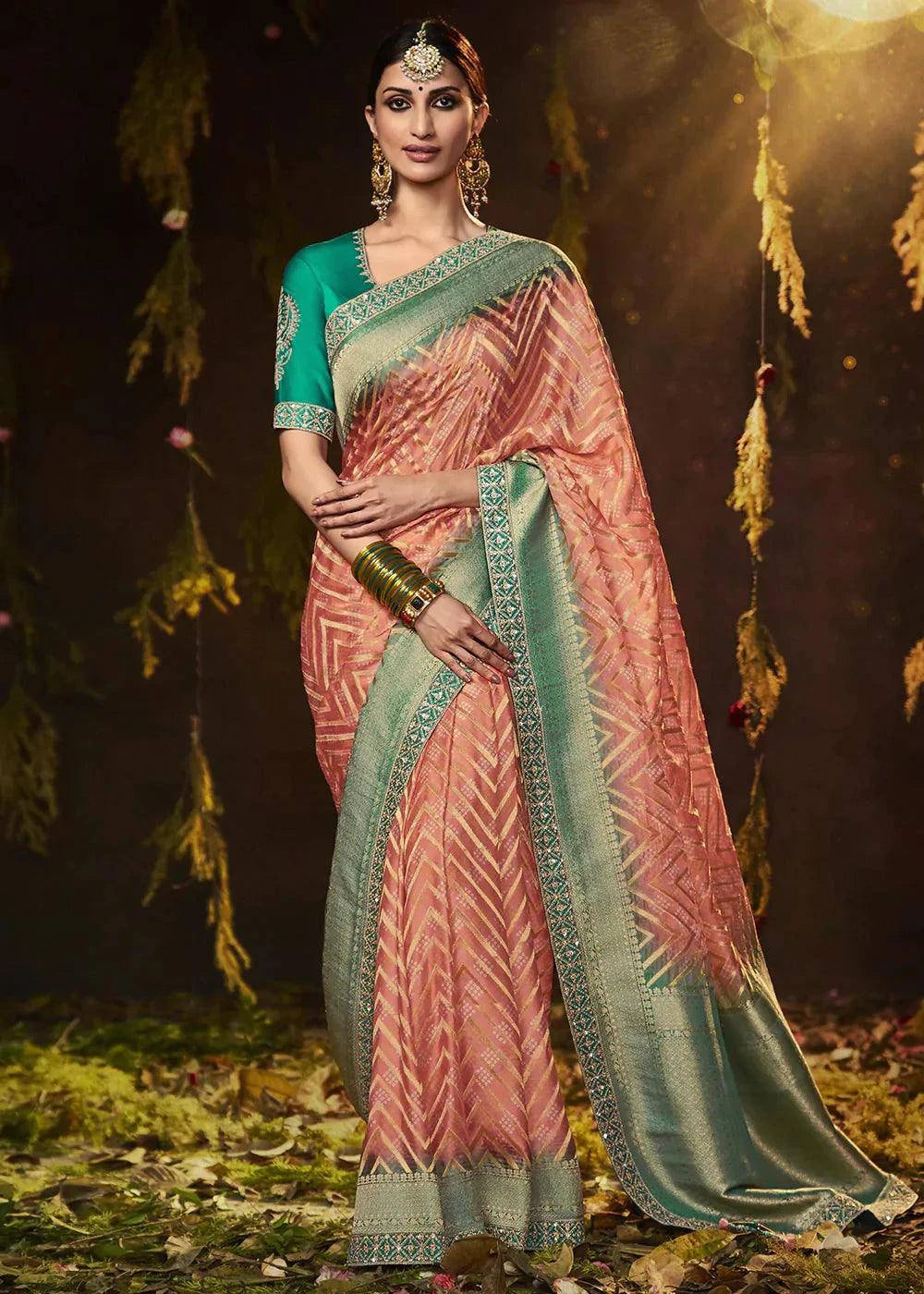 Salmon Pink Zari Weaving Georgette Silk Saree with Embroidery Designer Blouse | Stitched Blouse - qivii