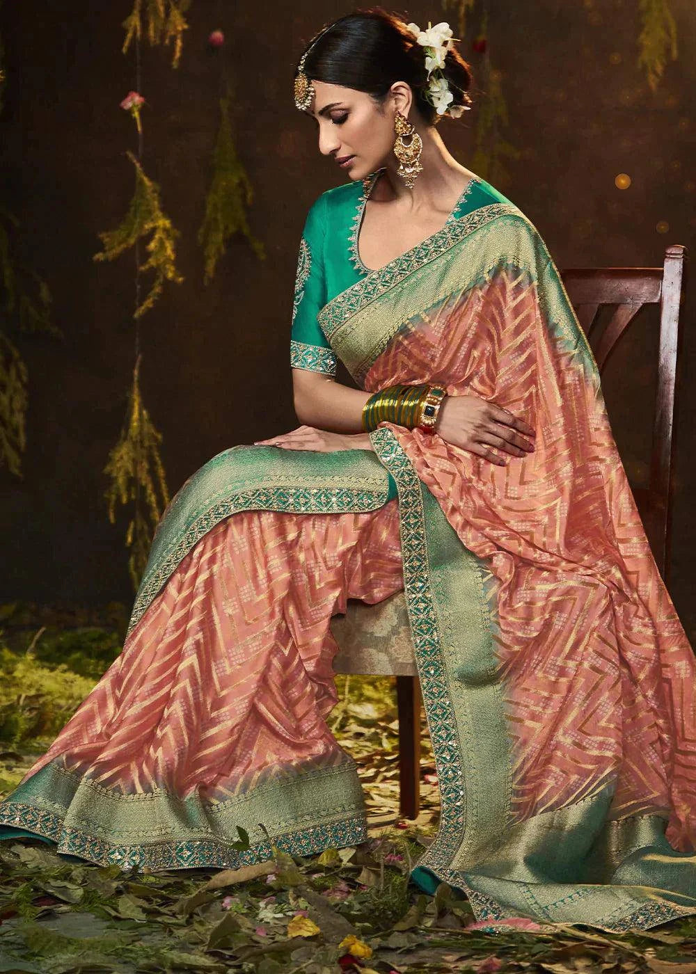 Salmon Pink Zari Weaving Georgette Silk Saree with Embroidery Designer Blouse | Stitched Blouse - qivii