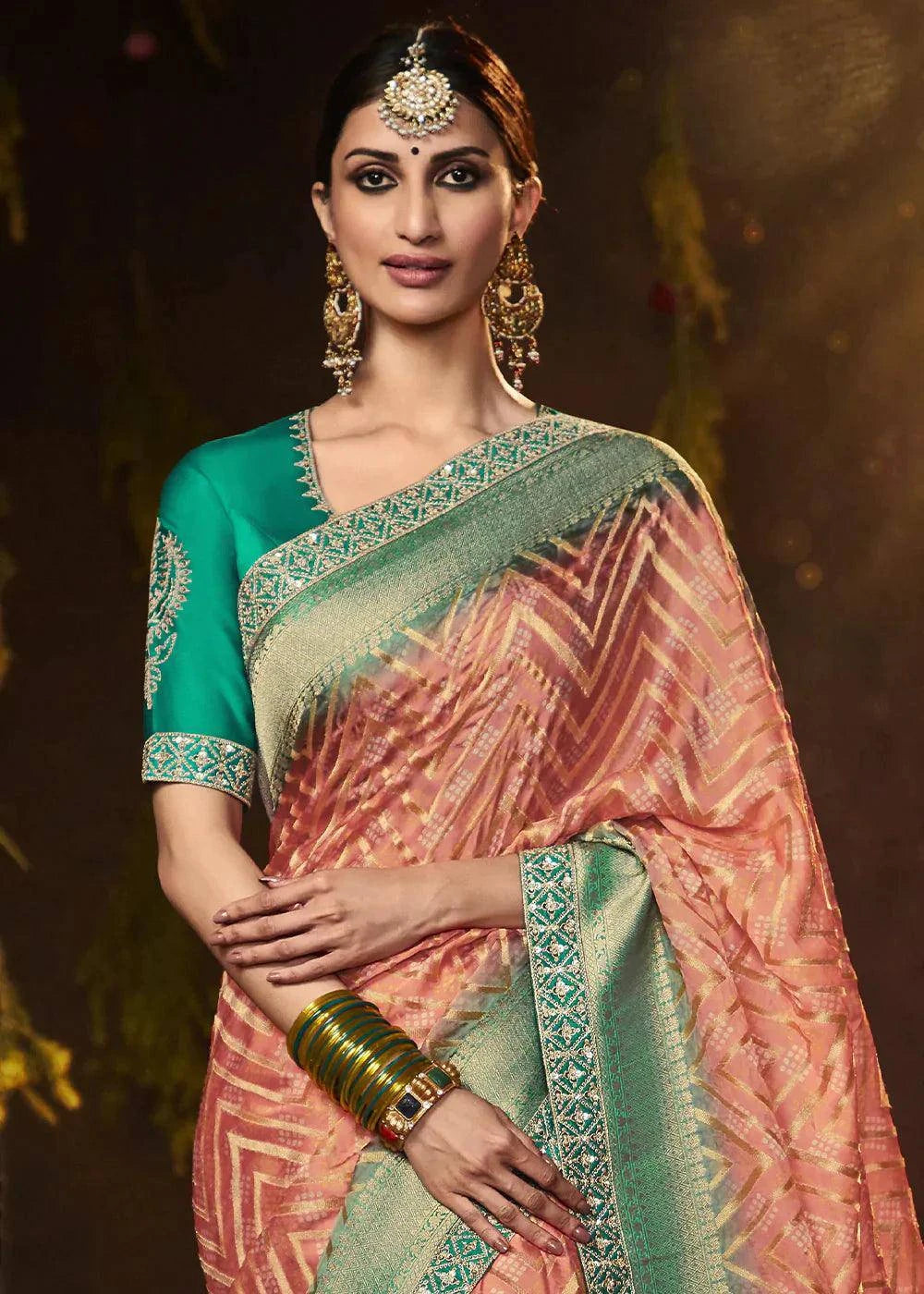 Salmon Pink Zari Weaving Georgette Silk Saree with Embroidery Designer Blouse | Stitched Blouse - qivii