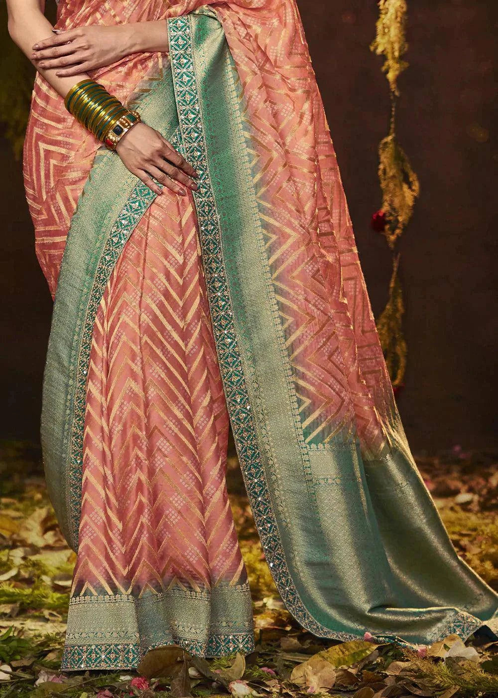 Salmon Pink Zari Weaving Georgette Silk Saree with Embroidery Designer Blouse | Stitched Blouse - qivii