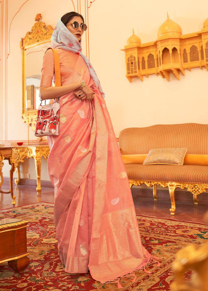 Salmon Pink Zari Woven Soft Tissue Silk Saree | Stitched Blouse - qivii