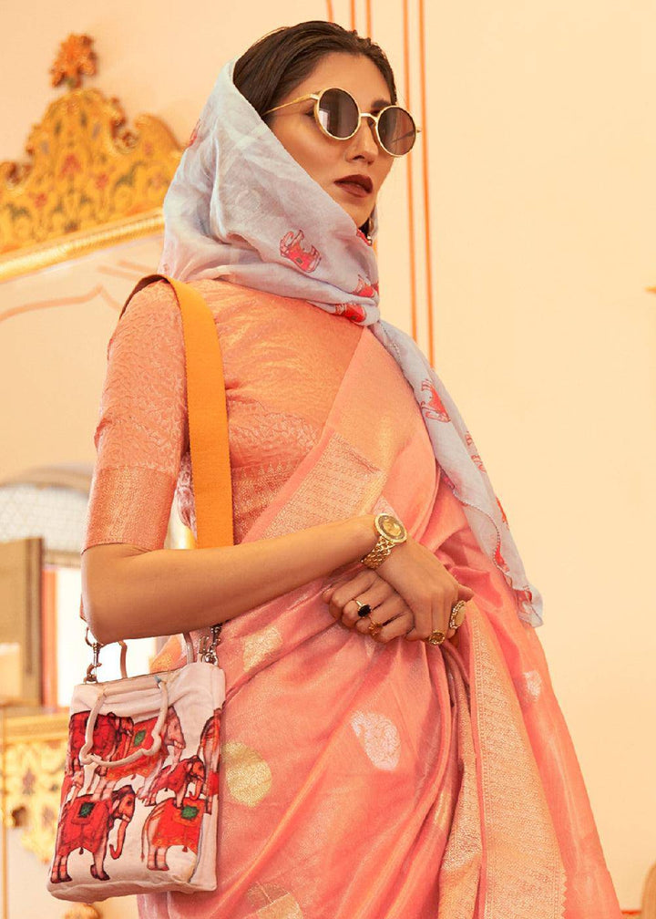 Salmon Pink Zari Woven Soft Tissue Silk Saree | Stitched Blouse - qivii