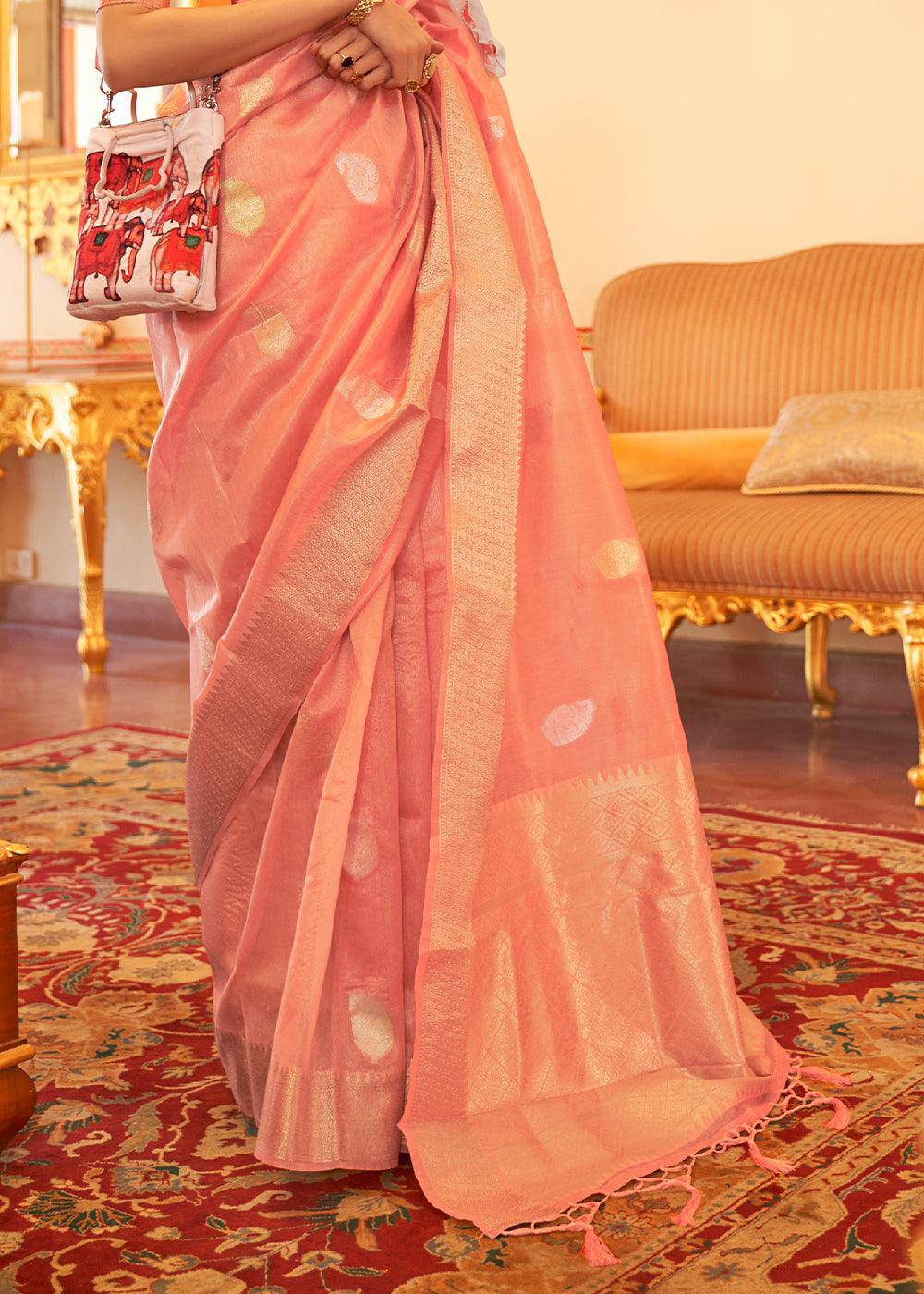 Salmon Pink Zari Woven Soft Tissue Silk Saree | Stitched Blouse - qivii