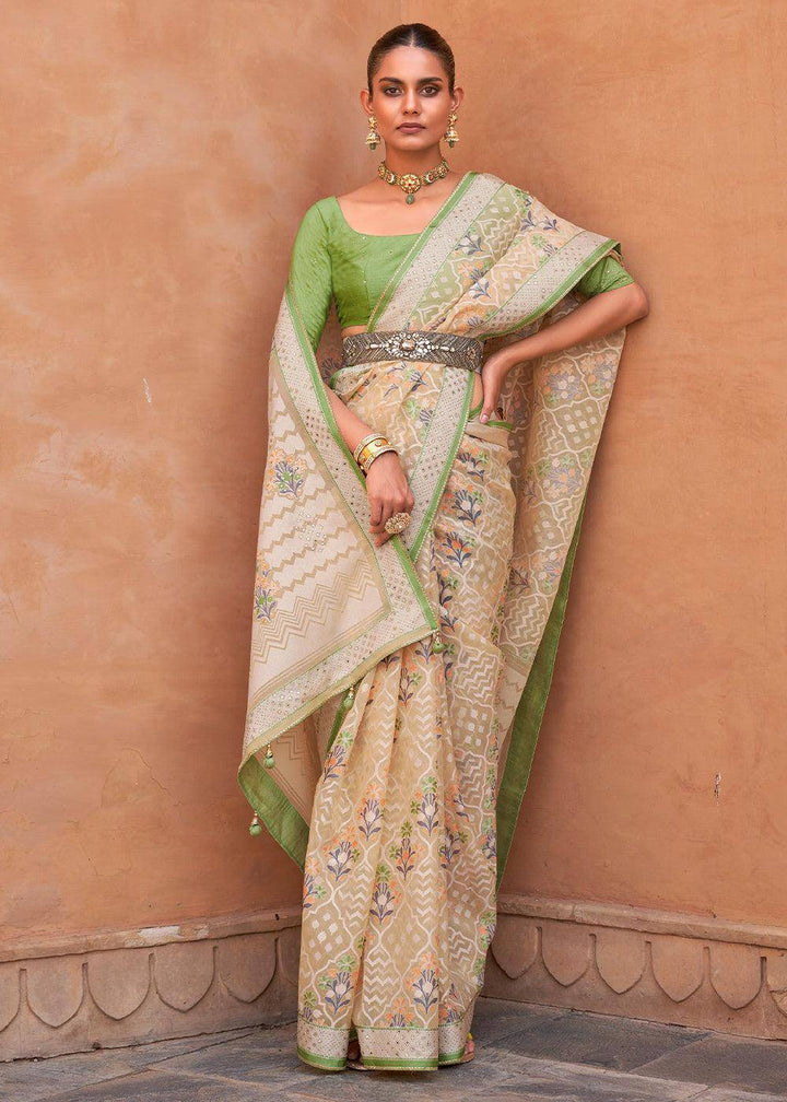 Sand Brown & Green Patola Printed Tissue Silk Saree with Designer Blouse | Stitched Blouse - qivii