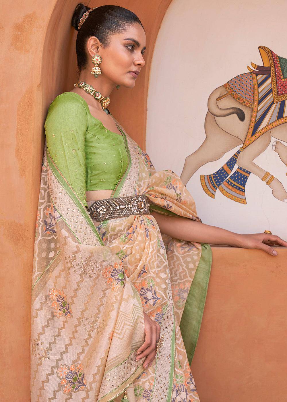 Sand Brown & Green Patola Printed Tissue Silk Saree with Designer Blouse | Stitched Blouse - qivii