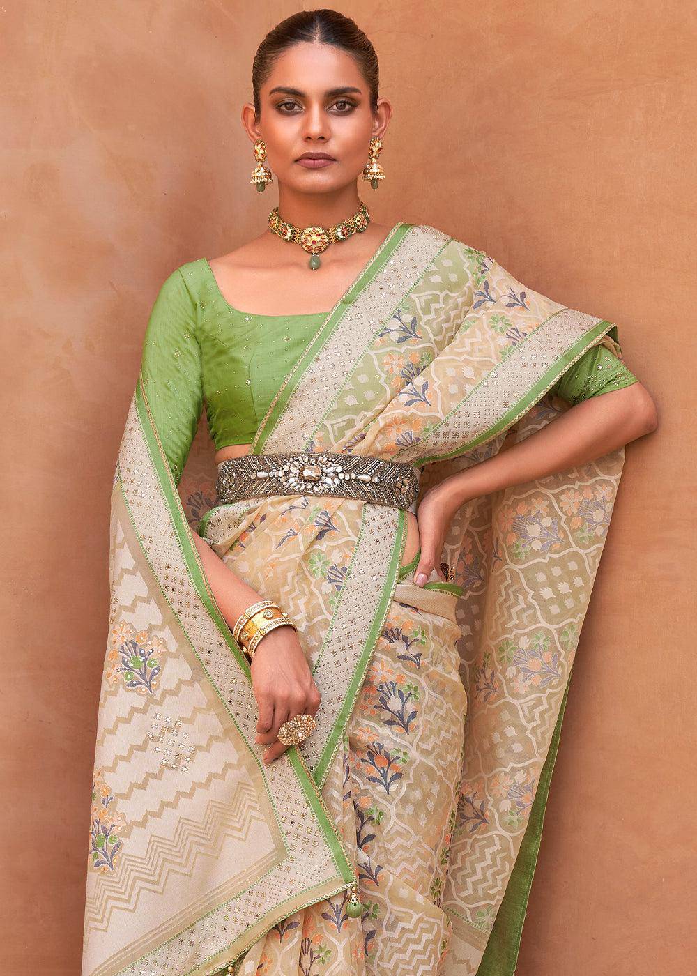 Sand Brown & Green Patola Printed Tissue Silk Saree with Designer Blouse | Stitched Blouse - qivii