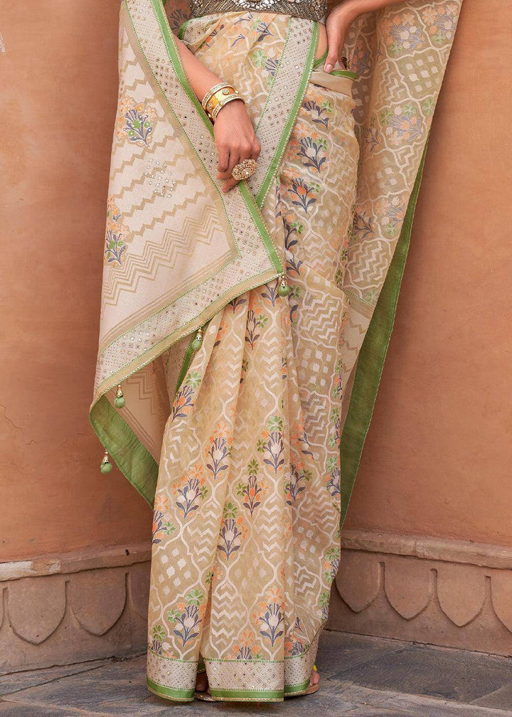 Sand Brown & Green Patola Printed Tissue Silk Saree with Designer Blouse | Stitched Blouse - qivii